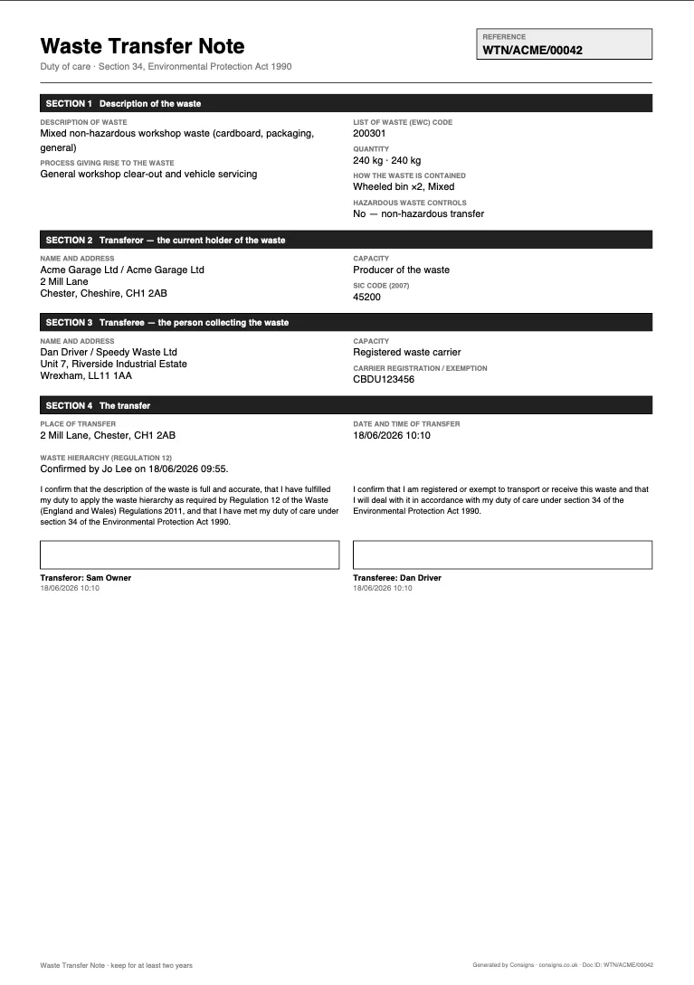 Waste transfer note for non-hazardous waste, generated by Consigns